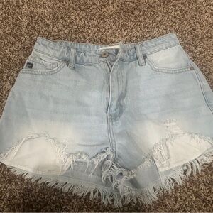 KanCan Medium Wash Denim Jean Cut Off Raw Hem Shorts